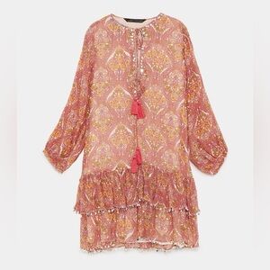 Zara long sleeve mini dress with sequin trim and v-neck tassels size small